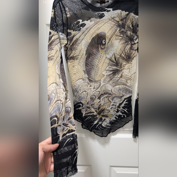 Jean Paul Gaultier Soleil 90s Japanese Tattoo Koi Fish Long Sleeve Mesh Shirt M - Picture 3 of 8